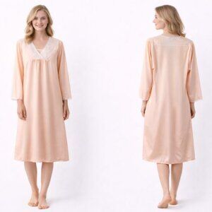 Vintage Peach Nightgown Romantic Sleepwear Lace Trim Sheer Robe Long Sleeve SZ S